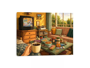 Cozy living room illustration with coffee cup and retro TV, aesthetic home decor for apartments in New York, Tokyo, London interiors