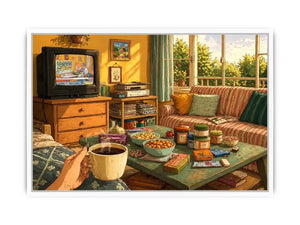 Cozy living room illustration with coffee cup and retro TV, aesthetic home decor for apartments in New York, Tokyo, London interiors