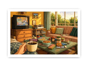 Cozy living room illustration with coffee cup and retro TV, aesthetic home decor for apartments in New York, Tokyo, London interiors