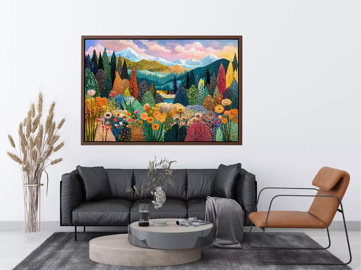 Colorful forest meadow landscape wall art with mountains and flowers, modern decor for homes in California, Vancouver, Switzerland interiors