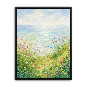 Soft wildflower meadow landscape wall art with pastel tones, calming decor for homes in Provence, California, Tuscany interiors