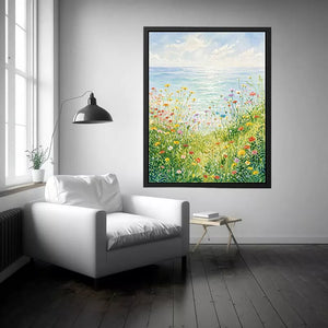 Soft wildflower meadow landscape wall art with pastel tones, calming decor for homes in Provence, California, Tuscany interiors