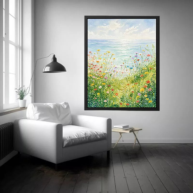 Soft wildflower meadow landscape wall art with pastel tones, calming decor for homes in Provence, California, Tuscany interiors