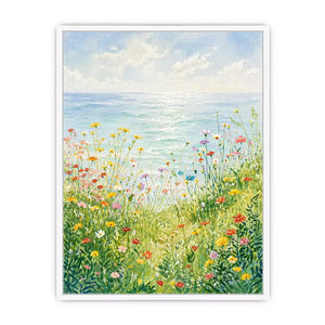 Soft wildflower meadow landscape wall art with pastel tones, calming decor for homes in Provence, California, Tuscany interiors
