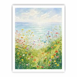 Soft wildflower meadow landscape wall art with pastel tones, calming decor for homes in Provence, California, Tuscany interiors
