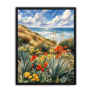 Coastal wildflower ocean landscape wall art, serene beach decor for homes in California, Amalfi Coast, Australia interiors
