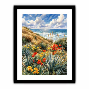 Coastal wildflower ocean landscape wall art, serene beach decor for homes in California, Amalfi Coast, Australia interiors