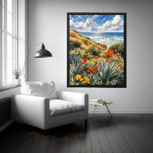 Coastal wildflower ocean landscape wall art, serene beach decor for homes in California, Amalfi Coast, Australia interiors