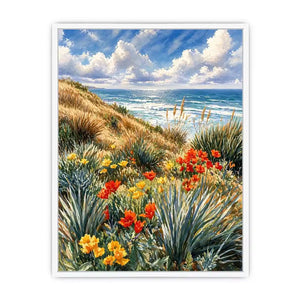 Coastal wildflower ocean landscape wall art, serene beach decor for homes in California, Amalfi Coast, Australia interiors
