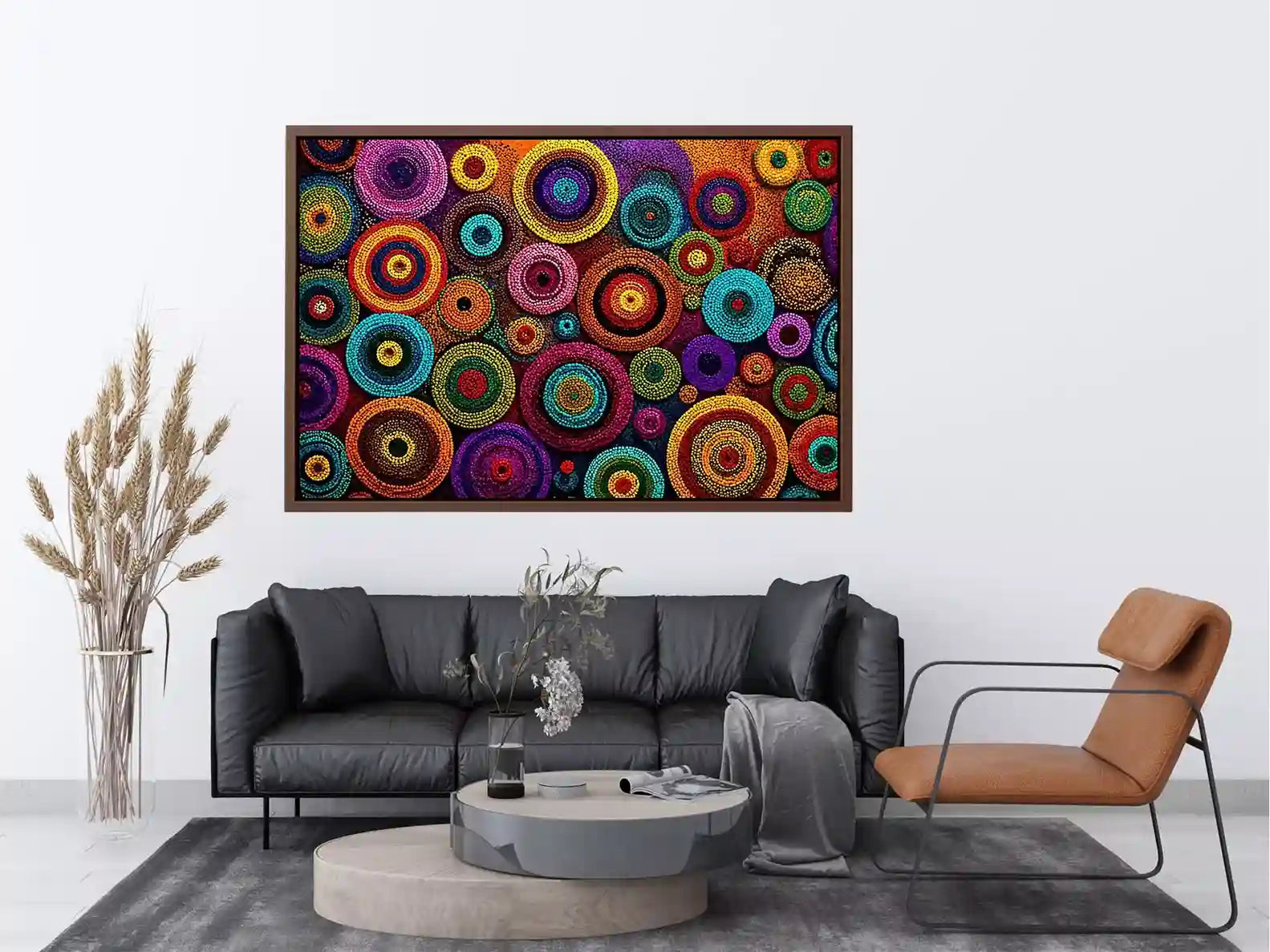 Colorful abstract dot pattern circles wall art, modern geometric canvas decor for homes in New York, London, Dubai interiors