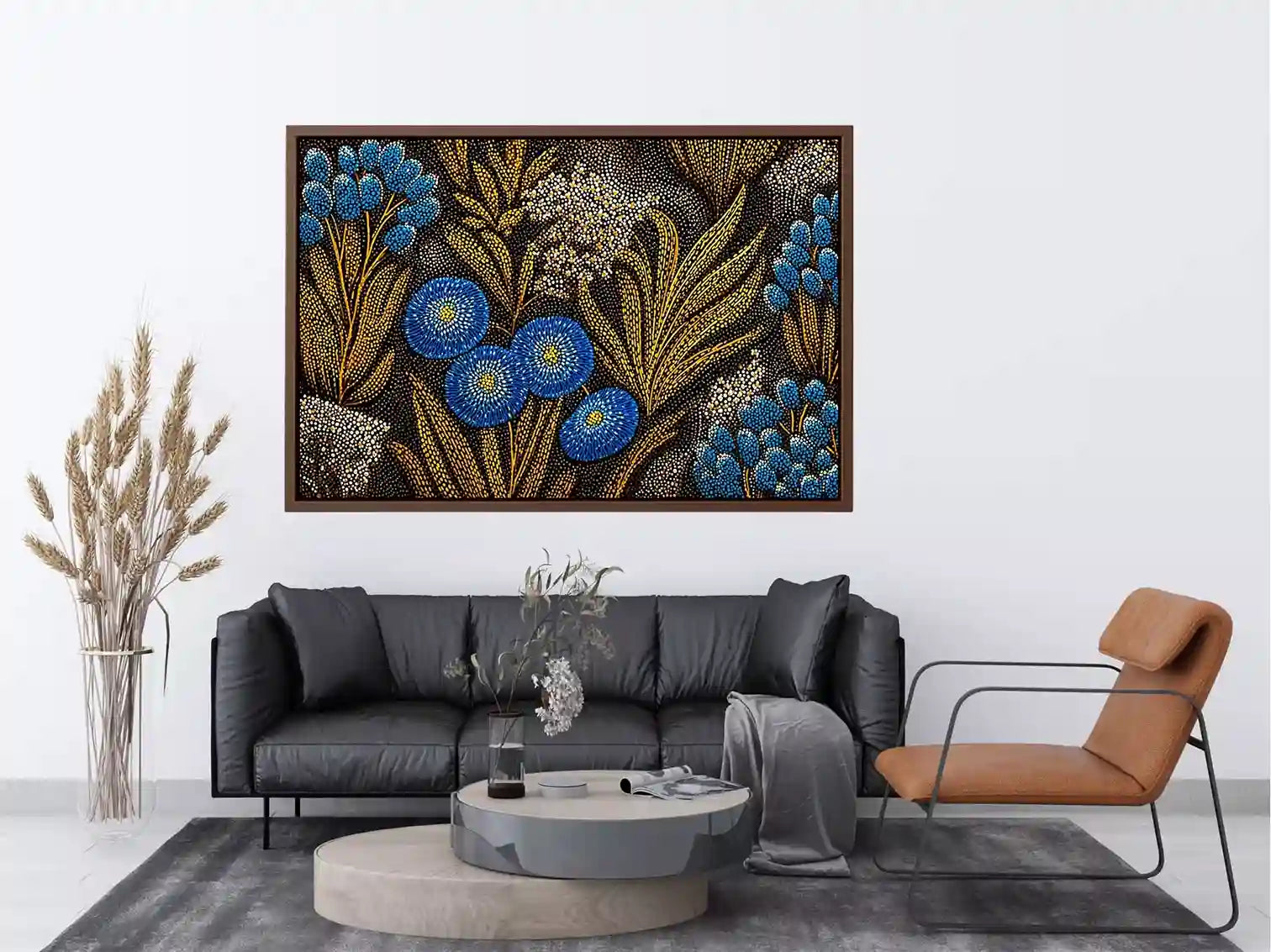 Blue and gold botanical dot pattern wall art, luxury modern decor for homes in New York, Paris, Dubai interiors