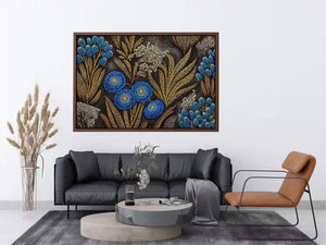 Blue and gold botanical dot pattern wall art, luxury modern decor for homes in New York, Paris, Dubai interiors