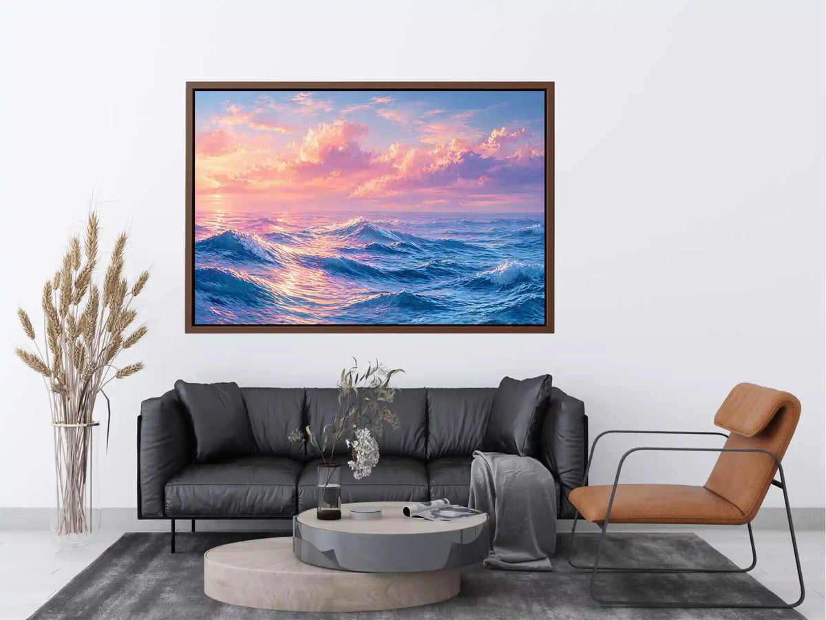 Pastel ocean waves wall art with dreamy sky, calming coastal decor for homes in California, Maldives, Australia interiors