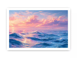 Pastel ocean waves wall art with dreamy sky, calming coastal decor for homes in California, Maldives, Australia interiors