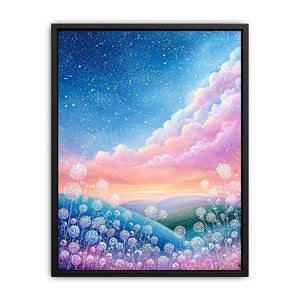 Dreamy pastel sky landscape wall art with floating floral elements, calming decor for homes in California, Paris, Tokyo interiors