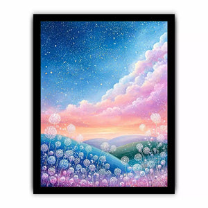 Dreamy pastel sky landscape wall art with floating floral elements, calming decor for homes in California, Paris, Tokyo interiors