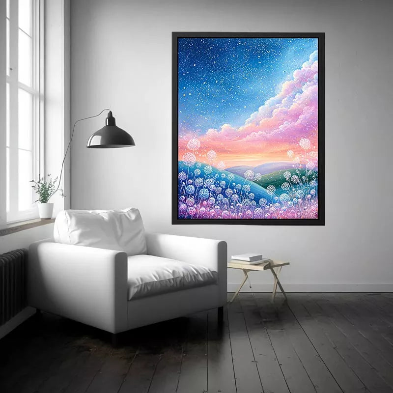Dreamy pastel sky landscape wall art with floating floral elements, calming decor for homes in California, Paris, Tokyo interiors