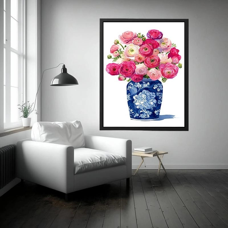 watercolor floral vase wall art with pink ranunculus flowers in blue porcelain elegant soft pastel canvas artwork
