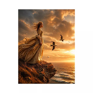 Vintage woman standing on ocean cliff at sunset wall art, dramatic coastal decor for luxury homes in California, Italy, Greece interiors