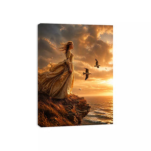 Vintage woman standing on ocean cliff at sunset wall art, dramatic coastal decor for luxury homes in California, Italy, Greece interiors
