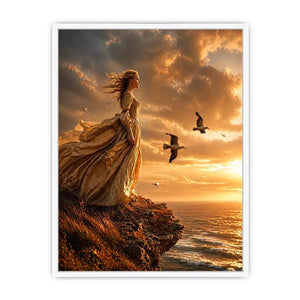 Vintage woman standing on ocean cliff at sunset wall art, dramatic coastal decor for luxury homes in California, Italy, Greece interiors