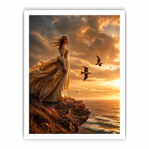 Vintage woman standing on ocean cliff at sunset wall art, dramatic coastal decor for luxury homes in California, Italy, Greece interiors