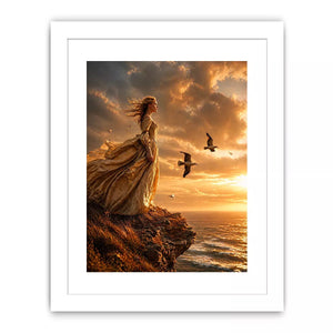 Vintage woman standing on ocean cliff at sunset wall art, dramatic coastal decor for luxury homes in California, Italy, Greece interiors