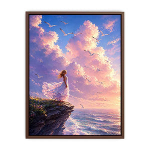 Dreamy woman standing on cliff with birds and pastel sky wall art, calming decor for homes in California, Santorini, Paris interiors