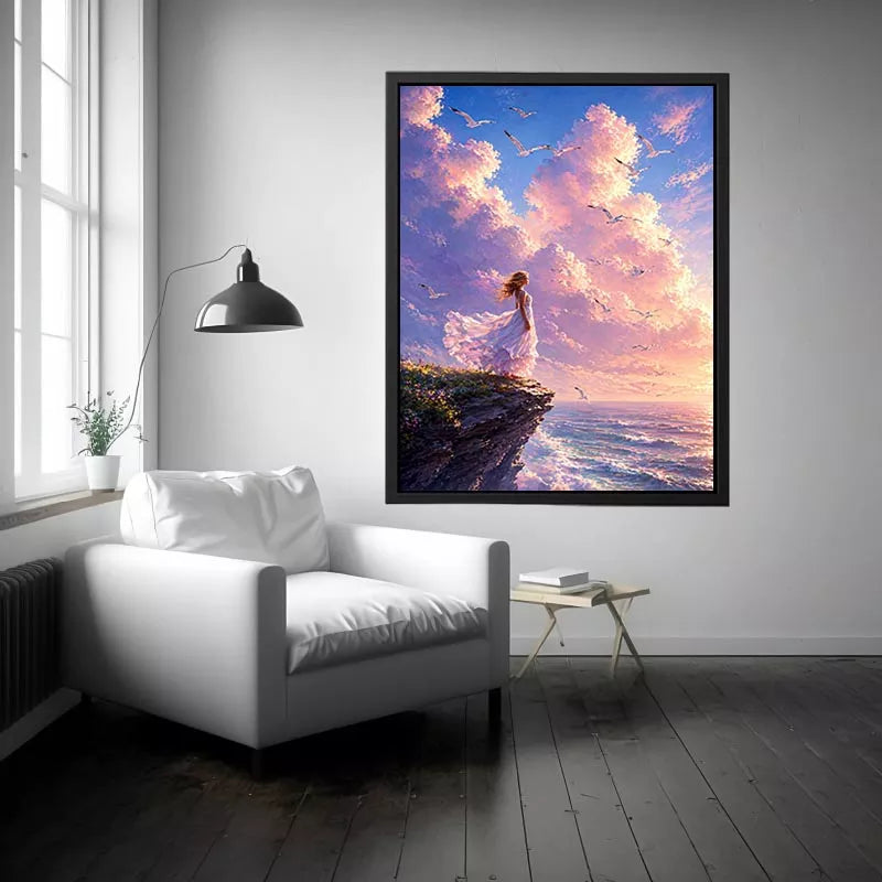 Dreamy woman standing on cliff with birds and pastel sky wall art, calming decor for homes in California, Santorini, Paris interiors