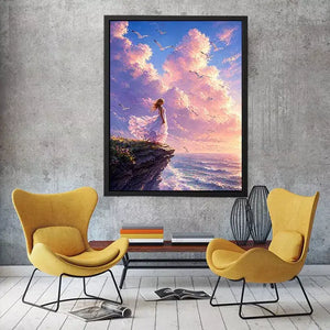 Dreamy woman standing on cliff with birds and pastel sky wall art, calming decor for homes in California, Santorini, Paris interiors