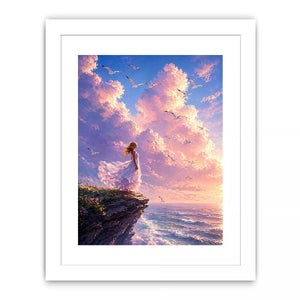 Dreamy woman standing on cliff with birds and pastel sky wall art, calming decor for homes in California, Santorini, Paris interiors
