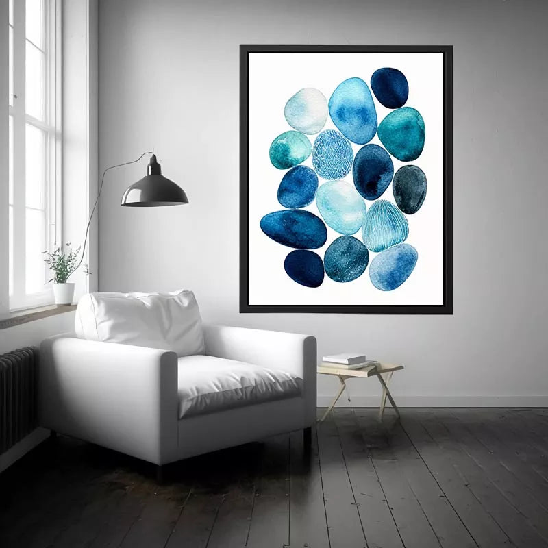 Minimalist blue pebble watercolor wall art, coastal modern decor for homes in California, Australia, Scandinavian interiors