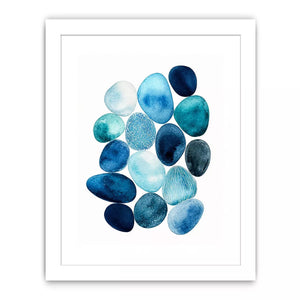 Minimalist blue pebble watercolor wall art, coastal modern decor for homes in California, Australia, Scandinavian interiors
