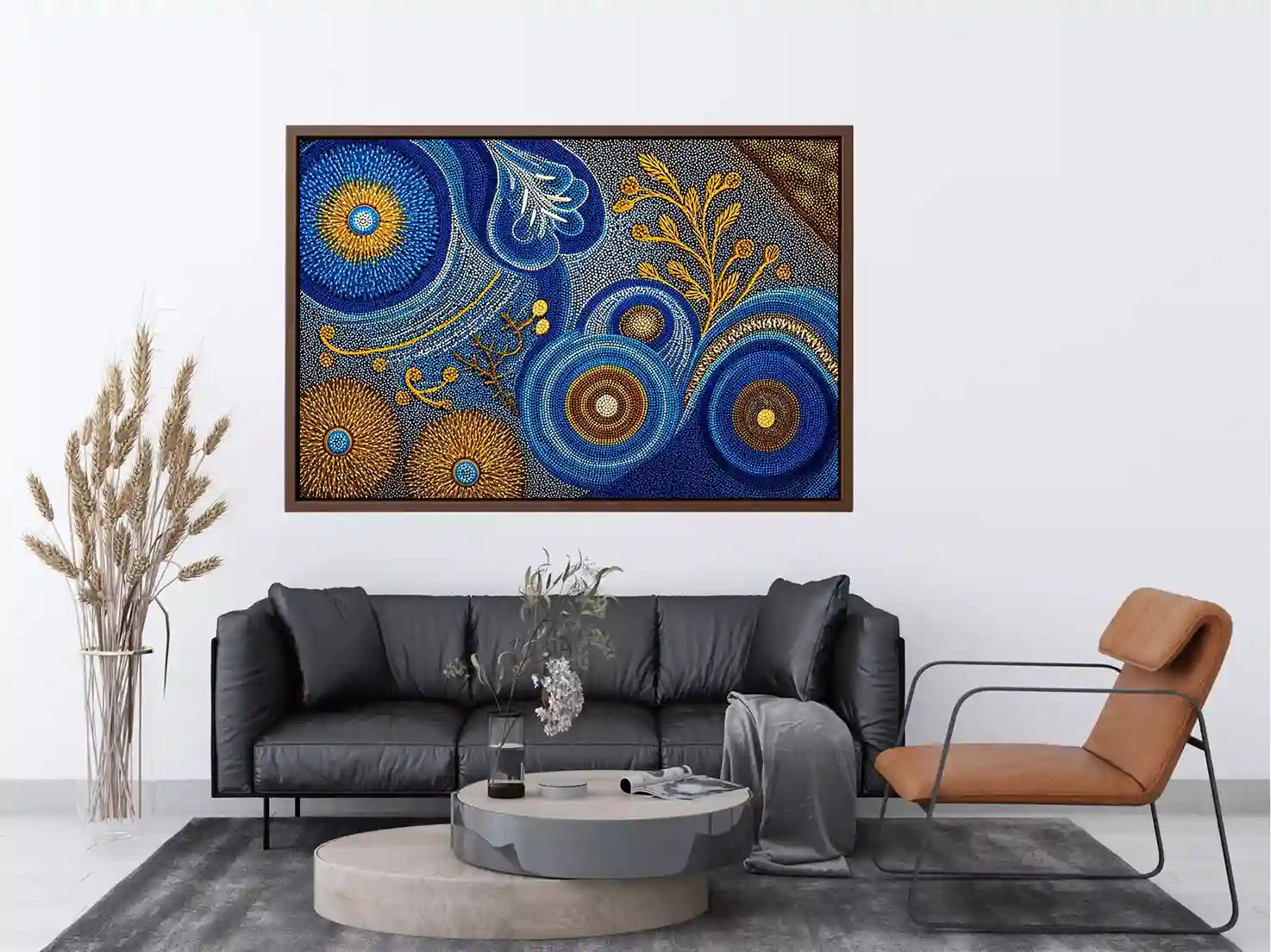 Blue and gold abstract dot pattern wall art, luxury modern decor for homes in New York, London, Dubai interiors
