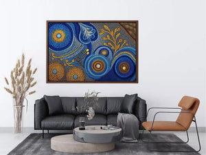 Blue and gold abstract dot pattern wall art, luxury modern decor for homes in New York, London, Dubai interiors