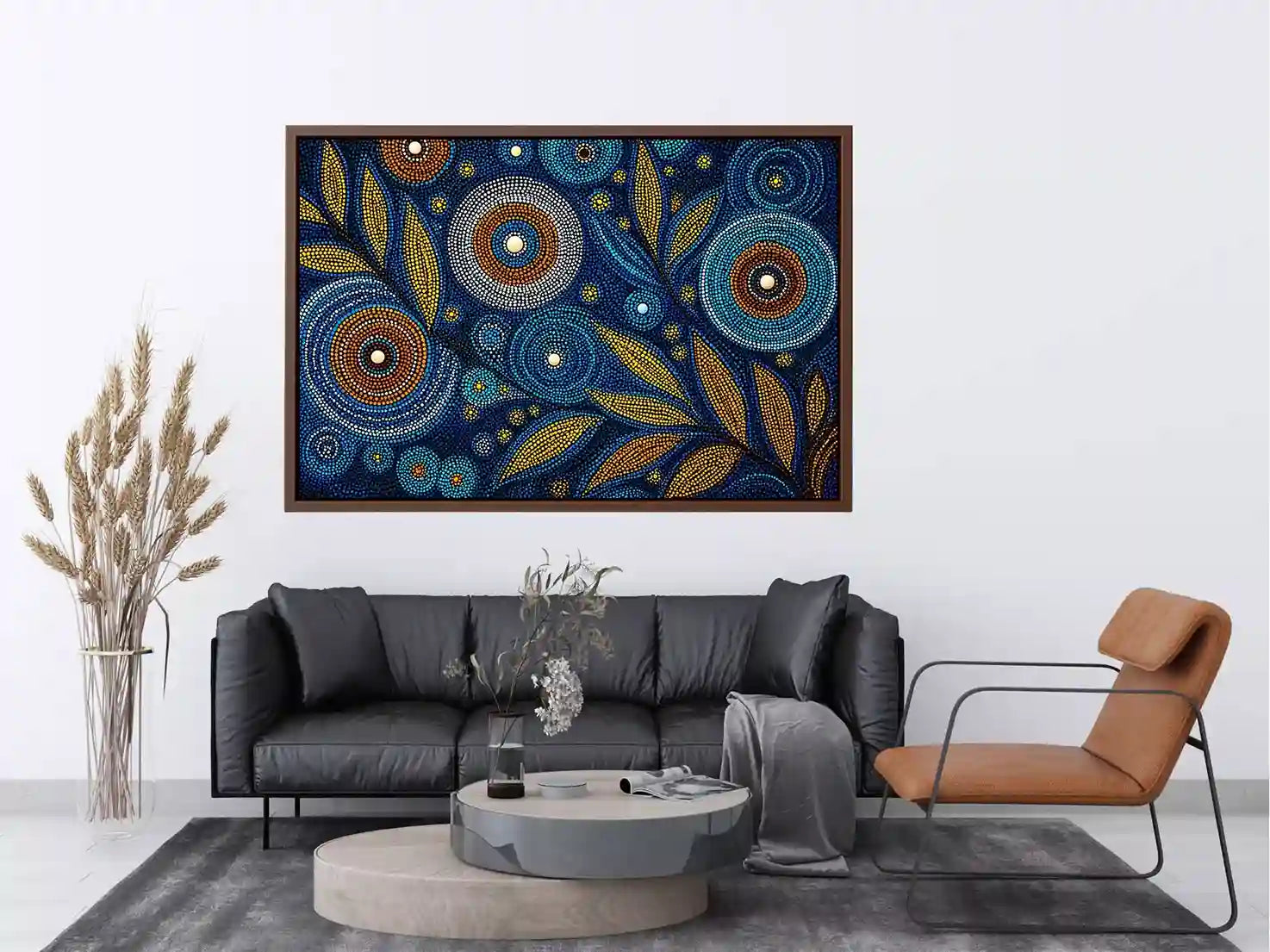abstract blue gold dot painting, luxury botanical dot wall art, modern geometric dot canvas art, blue gold textured abstract artwork