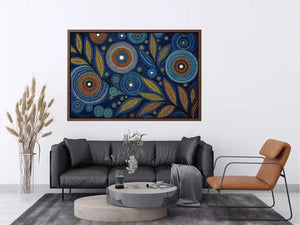 abstract blue gold dot painting, luxury botanical dot wall art, modern geometric dot canvas art, blue gold textured abstract artwork