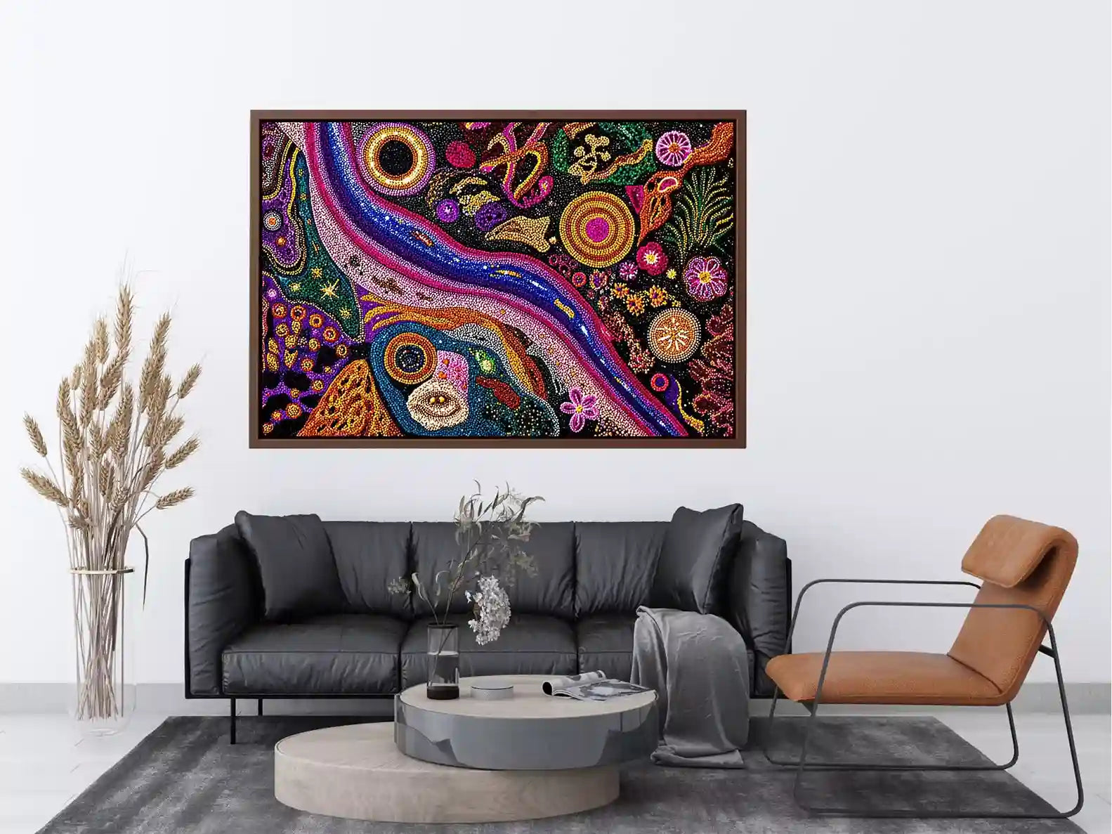 colorful abstract dot galaxy painting, vibrant cosmic dot wall art, modern abstract colorful canvas art, galaxy inspired dot artwork