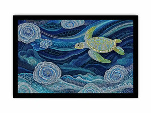 teal ocean turtle wall art, coastal turtle canvas painting, abstract ocean sea life artwork, marine turtle dot painting