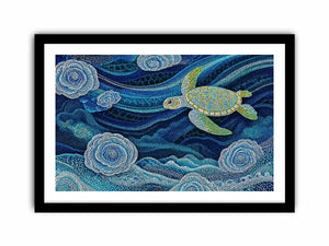 teal ocean turtle wall art, coastal turtle canvas painting, abstract ocean sea life artwork, marine turtle dot painting