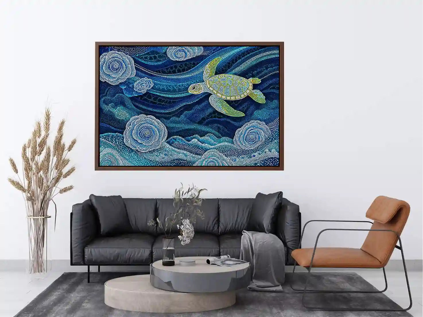 teal ocean turtle wall art, coastal turtle canvas painting, abstract ocean sea life artwork, marine turtle dot painting