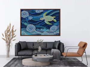 teal ocean turtle wall art, coastal turtle canvas painting, abstract ocean sea life artwork, marine turtle dot painting