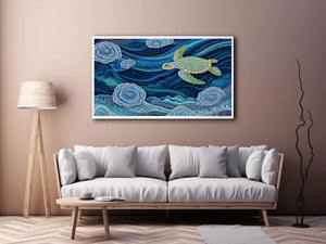 teal ocean turtle wall art, coastal turtle canvas painting, abstract ocean sea life artwork, marine turtle dot painting