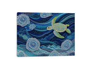 teal ocean turtle wall art, coastal turtle canvas painting, abstract ocean sea life artwork, marine turtle dot painting