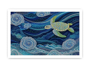 teal ocean turtle wall art, coastal turtle canvas painting, abstract ocean sea life artwork, marine turtle dot painting