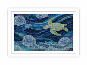 teal ocean turtle wall art, coastal turtle canvas painting, abstract ocean sea life artwork, marine turtle dot painting