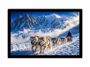 husky sled snow mountain wall art, winter dog sled landscape canvas, arctic adventure photography wall art, snowy mountain husky artwork