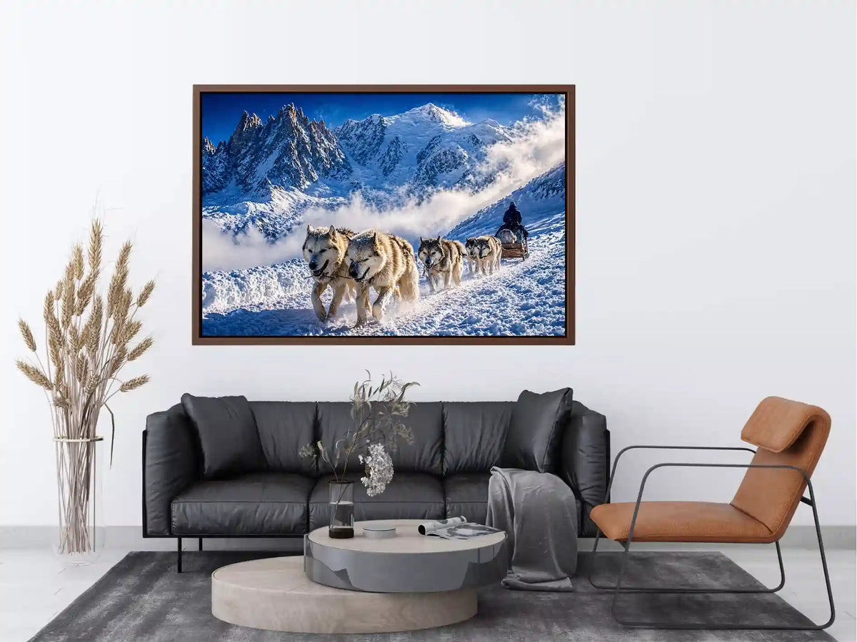 husky sled snow mountain wall art, winter dog sled landscape canvas, arctic adventure photography wall art, snowy mountain husky artwork