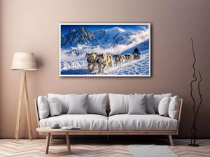 husky sled snow mountain wall art, winter dog sled landscape canvas, arctic adventure photography wall art, snowy mountain husky artwork