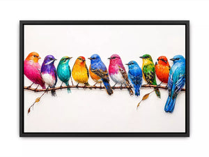 colorful birds on branch wall art, modern bird illustration canvas, vibrant bird lineup artwork, playful multicolor bird painting